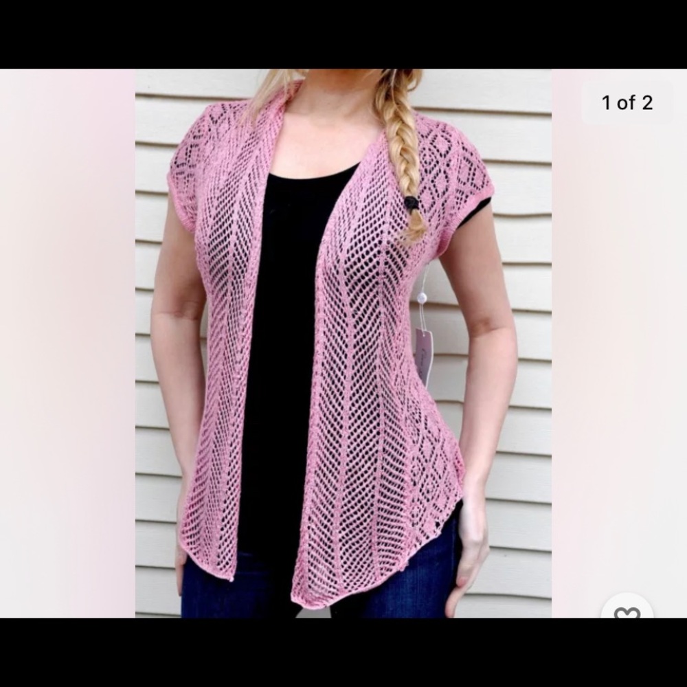 Sweet Pink Crochet Cut out Sweater knit Cover up Shrug Jacket vest cardigan Top